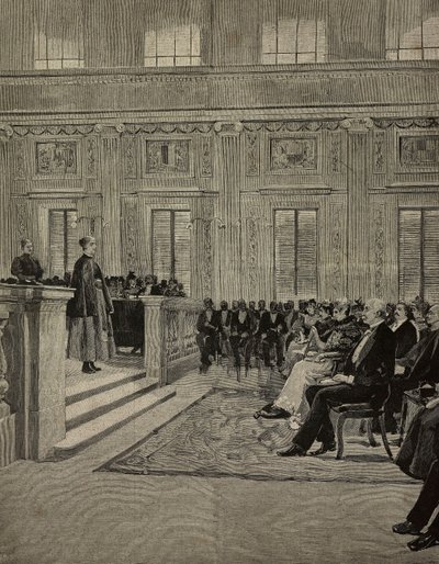 Dronning Margherita av Savoy (1851-1926) deltar på en konsert på Istituto dei ciechi, Milano, Italia, tegning av EX fra L#39;Illustrazione Italiana, år XXI, nr. 20, 20. mai av Unknown Artist