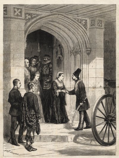 Dronning Victoria mottar sjahen av Persia (Naser al-Din Shah Qajar - Nassereddin Shah Qajar) (Nasser al-Din eller Nassereddin Shah, Nassiruddin Shah eller Nasir al Din) (1831-1896) ved suverenens inngang, Windsor Castle - 1873 Gravering fra 