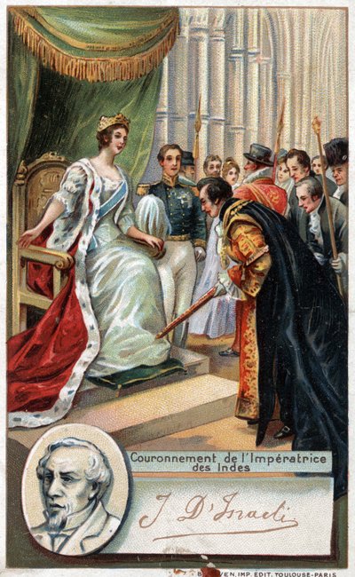 Dronning av England Victoria kronet Imperatrice av India 1877 med støtte fra Benjamin Disraeli (1804-1881) britisk forfatter og politiker. Kromolitografi fra 1800-tallet. av Unknown artist