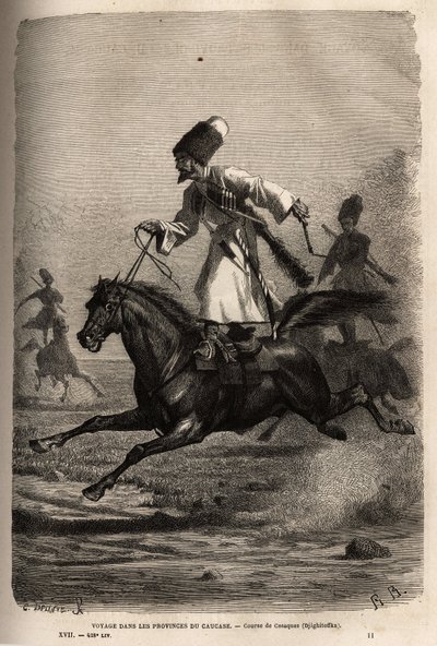Race of Cossacks, klatrer i balanse stående på salen, rytterne pisker hestene sine for å få dem til å galoppere. Gravering for å illustrere reisen i provinsene i Kaukasus, av Basile Vereschaguine, i 1864-1865, publisert i "" Le tour du monde, nouvea av Unknown artist