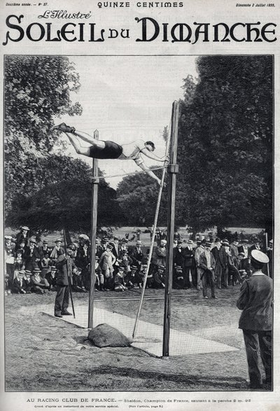 Racingklubb i Frankrike. Sheldon, mester i Frankrike, hopper 2, 95 m for å hoppe a la Perche. Gravering i “” Le sun-du-dimanche””, 2. juli av Unknown artist