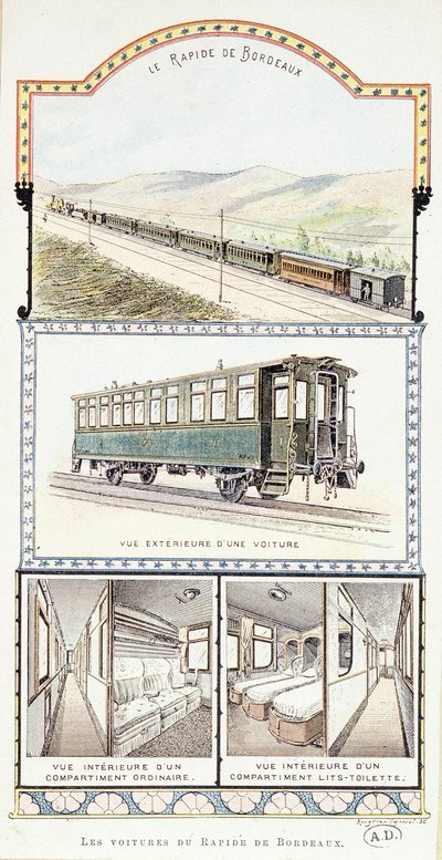 Orléans jernbaner: eksteriør og interiørutsikt over Bordeaux Rapid-biler av Unknown artist