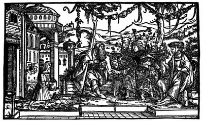 Raphaël Hythlodée, en reisende som tilbrakte fem år i Utopia, forteller Thomas More og Pierre Gilles om reisen hans. Xylografi utgitt i utgaven av "Utopia" av Thomas More (1478 - 1535) fra 1516. av Unknown artist