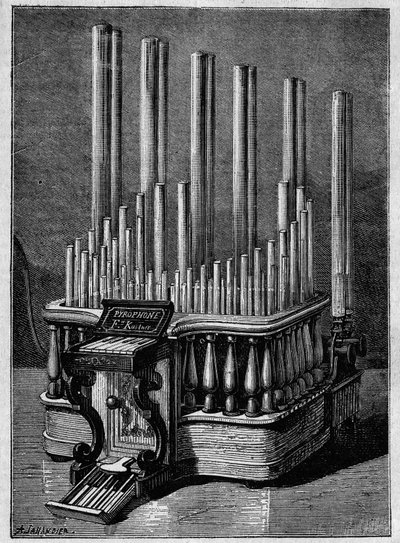 Sjeldne eller imaginære instrumenter: Pyrofonen eller "syngende flammer", av Frederic Kastner (instrument som genererer flammer drevet av gassstråler). av Unknown artist