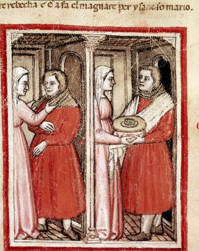 Rebecca gir sønnen Jacob, iført Esaus klær, en tallerken med småkjøtt slik at han kan ta henne til sin blinde far Isak og ta hennes velsignelse i stedet for Esau Miniature fra Codex 212 (eller Padovano eller Bible of Padua) 1390-1400 Rovigo, Accademia dei  av Unknown artist