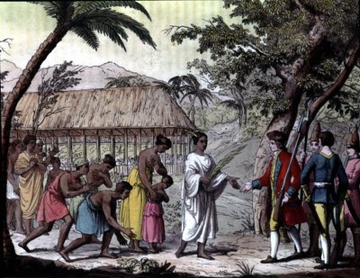 Kvittering av navigatøren Samuel Wallis av dronning Oberea på Tahiti. "" Navigations of Cook", Milano av Unknown artist