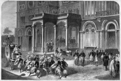 Mottakelse av visekongen av Egypt Ismail Pasha (1830-1895), av generalkonsulen for konføderasjonen av Nord-Tyskland. Gravering i "" The Illustrious Universe"" av Unknown artist