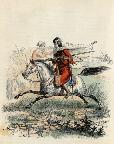 Red horsemen of Emir Abd-el-Kader fled by hunters on horseback of the French army at Oran in 1841, in “L
