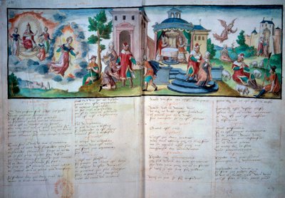 Religiøst teater: "" Passion and Resurrection"" spilt i Valenciennes i 1547. Manuskriptside med akvarell, Paris, B.N. av Unknown artist