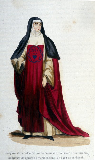 Religiøse av ordenen til verbet inkarnere i seremoniell kjole. Gravering fra et album på religiøse ordre, Paris av Unknown artist