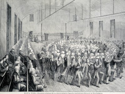 Religiøs prosesjon av Shakers i New York. 1800-tallsillustrasjon. av Unknown artist