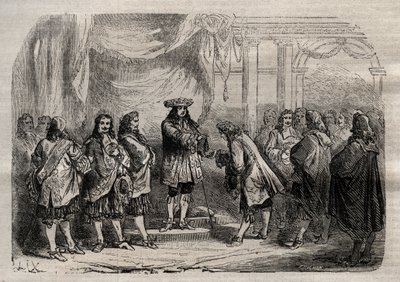 Rene Duguay Trouin (Duguay-Trouin) (Rene Trouin du Gue dit) (1673-1736) mottar Saint-Louis kors fra hendene til kong Louis XIV - gravering i "" Dictionnaire populaire illustrious" - 1864 - av Joseph Decembre og Edmond Allonier - av Unknown artist