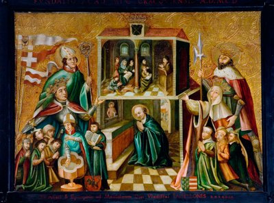 ""Representasjon av kong Ladislas II Jagellon av Polen og dronning Hedwig I av Polen (eller Edvige d'Anjou eller Jadwiga) (1372-1399) representerte knelende foran Jagellonian University. Scener av bønn og velsignelse. Maling på tre. Krakow av Unknown artist