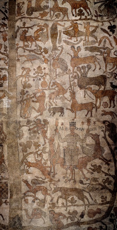 Representasjon av Alexander den store (356-323 f.Kr.), konge av Macedoine og erobrer av Persia, omringet indisk fauna under erobringen av India, Deluge, Deucalion og Pyrrha. Fortau til Pantaleone (eller Pantaleon av Unknown artist