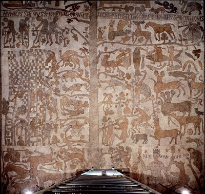 Representasjon av Alexander den store (356-323 f.Kr.), konge av Macedoine og erobrer av Persia, omgir indisk fauna under erobringen av India og den hellenistiske syndfloden til høyre, til venstre konstruksjonen av Babelstårnet. Fortau av Pant av Unknown artist
