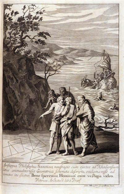 Representasjon av Aristipus av Kyrene (435-356 f.Kr.) gresk filosof disippel av Sokrates, etter forliset som kastet ham på kysten av Rhodos, oppdager han geometriske spor på sanden. Gravering fra bok XV av Euklids "Elementer". 1591 av Unknown artist