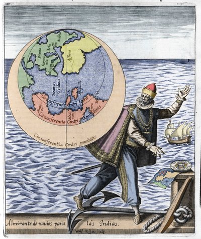 Representasjon av Christopher Columbus (1451-1506) - i "New Tipus After the Voyage of the New World" av Philoponus Honorius av Unknown artist