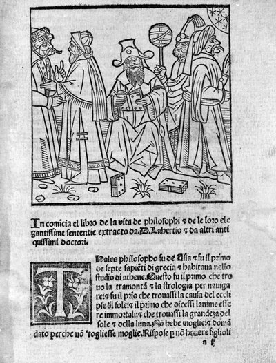 Representasjon av Diogene Laerce (120-240) (i midten) omgir forskjellige tenkere og filosofer. Side hentet fra "" Lives, doctrines and sentences of illustrious philosophers"" (Vitae Philosophorum) av poeten og historikeren Diogene Laerce (120-240) 1495 av Unknown artist