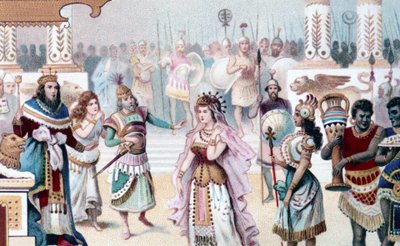 Representasjon av scene 1 i akt I av "Dronningen av Saba", opera komponert av Karl Goldmark (1830 - 1915). kromolitografi fra 1800-tallet. av Unknown artist