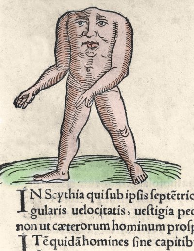 Representasjon av et medlem av Blemmyi-stammen i Nubia, beskriver uten hode, uten nakke og ansikt på stammen til Plinius den tidligere gravering fra "Prodigiorum ac ostentorum chronicon"" av Conrad Lycosthenes (1518-1561). 1557. av Unknown artist