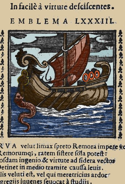 Representasjon av en remora som, ifølge historiene til Plinius, Saint Ambrose og Rabelais angrep skipene ved å feste halen med en sugekopp til en stein og blokkere skipet med munnen. Gravering fra et 1600-tallsverk av Unknown artist