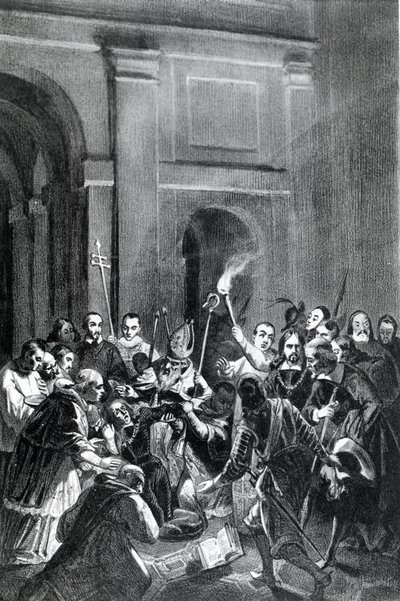 Representasjon av en eksorcismescene. 1800-talls illustrasjon. av Unknown artist