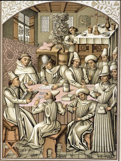 Representasjon av embetsmenn på 1300-tallet. kromolitografi fra regnskapsboken til brorskapet "Dio e Nostra Signora"" av Unknown artist