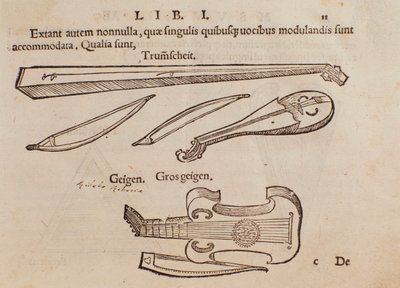 Representasjon av strengeinstrumenter og bueskytter. Side hentet fra Musurgia praktiske musikkhåndbok av Unknown artist