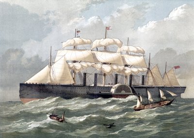 Representasjon av det britiske skipet Great Eastern, første gigantiske linjeskip, innviet i 1858 designet av Isambard Kingdom Brunel (Great eastern iron seil damp ship designet av Isambard Kingdom Brunel) - 1800-tallet av Unknown artist