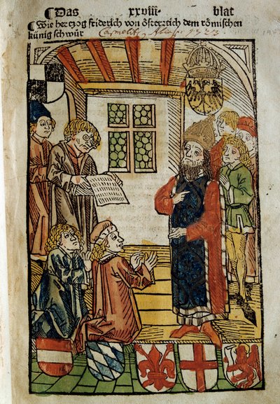 Representasjon av konsilet i Konstanz (1414-1418), sammenkalt av keiser Sigismund I og motpave Johannes XXIII. Han satte en stopper for Vestens store skisma. Miniatyr av 1414. Paris. polsk bibliotek av Unknown artist