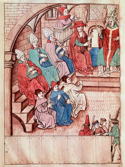 Representasjon av konsilet i Konstanz mellom 1414 og 1418, på toppen av pave Martin V (Utsikt over konsilet i Konstanz, ca 1417) Miniatyr hentet fra "Krøniker av konsilet i Konstanz" av Ulrich Richental (1360-1437) 1438 ca. Praha, Nati av Unknown artist