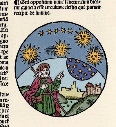 Representasjon av den greske filosofen Aristoteles (384-322 f.Kr.) som indikerer stjernene. Gravering fra fysikkens vandring ""Den forkortede teksten til Aristoteles om de åtte bøkene i fysikk og hele naturfilosofien"" av Thomas Bricot (d. 1516). 1496 av Unknown artist
