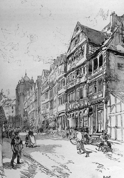 Representasjon av den jødiske gaten i Frankfurt, fødestedet til Rothschild-familien. Gravering i ""The Illustrous World"" av Unknown artist