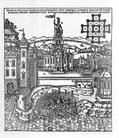 Representasjon av antikkens syv underverker: Mausolee of Halicarnassus som lå ved Egeerhavet i det sørvestlige Tyrkia. Gravering i "" de Architectura""" av Vitruva (1. århundre f.Kr.) - utgave av Gottardo da Ponte, Come av Unknown artist