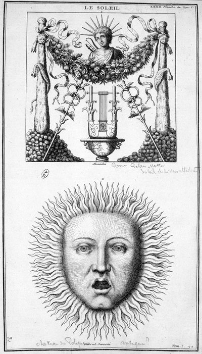 Representasjon av solen. Bilder hentet fra eldgamle representasjoner. Gravering 1800-tallet. av Unknown artist