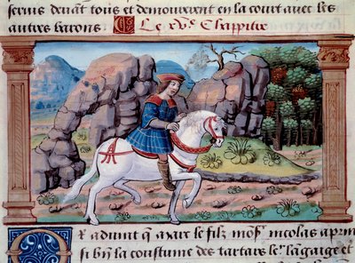 Representasjon av den venetianske navigatøren Marco Polo (1254-1324) på hesteryggen" Miniatyr hentet fra "" The Book of Wonders"" ("" Devisement of the World", "" Il Milione") av Marco Polo (1254-1324) ). 1298. Paris, Arsenals bibliotek av Unknown artist