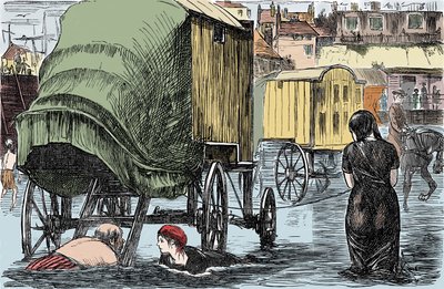 Representasjon av badehytta oppfunnet i 1750 av Benjamin Beale: kvinner inne får tilgang til havet direkte fra denne hestetrukne vognen. Humoristisk tegning fra "Punch Magazine" 1870 av Unknown artist