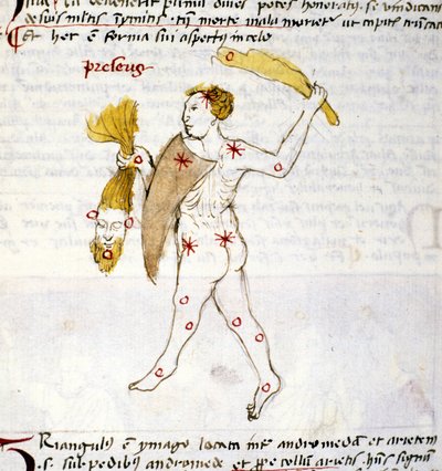 Representasjon av stjernebildet Bouvier (Botes) Jegeren Botes holder håret til Berenices i hånden. Miniatyr fra "Astronomica" av Biasino da Parma (Blaise de Parma) (1425-1457) av Unknown artist