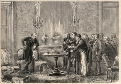 Representasjon av stykket "" Mercadet"" (Le Faiseur) av Honore de Balzac (1799-1850) på Comedie Francaise. Akt III, Scene VI. Gravering i ""The Illustrious Universe"" av Unknown artist