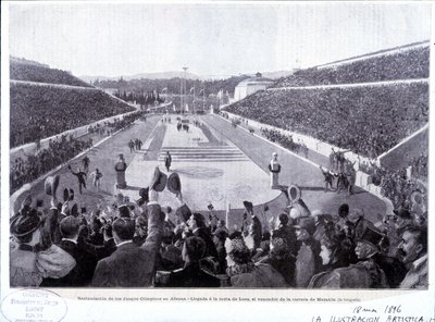 Restaurering av de olympiske leker i Athen: ankomst av Lues, maratonvinner av Unknown artist