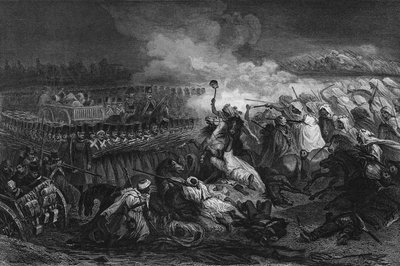 Retirement of the Arabs in front of the square formed by the French army at Constantine in 1837, in “Algerie ancienne et moderne”” by Leon Galibert av Unknown artist