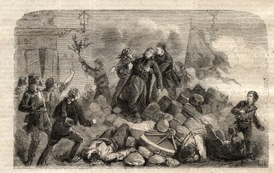 Revolution 1848: “” The Archeveque Monsignor Denis Affre (1793-1848) on the Barricade Faubourg Saint Antoine in Paris 26/06/1848 (Do o mon dieu que mon sang soit le dernier verse) (Death Denis Affre Archbishop of Paris of the barricade at the entrance to t av Unknown artist