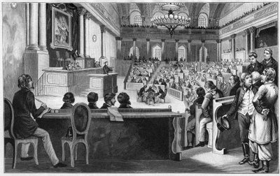 Revolusjon i Wien 1848 - Møtet til den første østerrikske konstituerende forsamlingen (Reichs Versammlung), juli 1848, på den spanske rideskolen i Wien, Østerrike. av Unknown artist