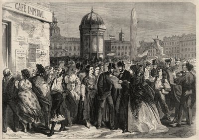 Revolusjon i september 1868 i Spania (Gloriosa): lesing av manifestet til juntaen, i gaten til Alcala i Madrid. Gravering i "" L