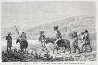 Richard Francis Burton, britisk oppdagelsesreisende (1821-1890), og hans følgesvenner i Afrika. Tegning som illustrerer artikkelen "" Kaptein Burtons reise til de store sjøene i Afrika 1857-59" - i "" Tour du Monde"", 2. semester. 1860 av Unknown artist