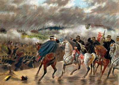 Risorgimento - Italiensk kampanje (1859): Victor Emmanuel II (Vittorio Emanuele II) (Victor-Emmanuel) (1820-1878) under slaget ved San Martino ledet de piemontesiske troppene mot den østerrikske hæren 24.06.1859. Privat samling av Unknown artist