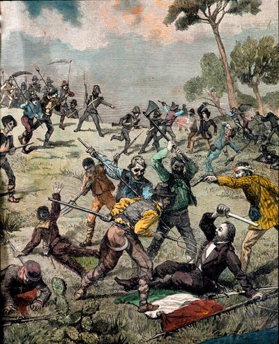 Risorgimento: "" den italienske revolusjonæren Carlo Pisacane (1818-1857) blir stormet av bønder i Sapri 28.06.1857"" Gravering Privat samling av Unknown artist