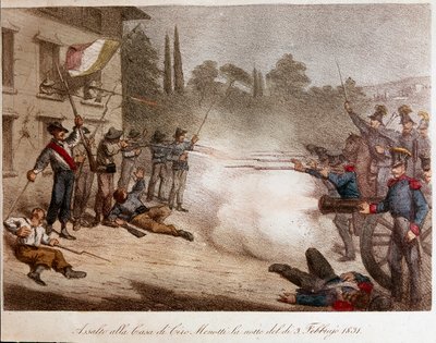 Risorgimento: soldatene til Francois IV de Modene (Francesco IV di Modena) stormet huset til Ciro Menotti natt til 03/02/1831. Litografi privat samling av Unknown artist