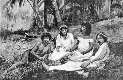 Robert Louis Stevenson (1850 - 1894) med sin kone i Samoa hvor han fikk sin residens publisert i Vailima. Gravering rundt 1890-1895. av Unknown artist