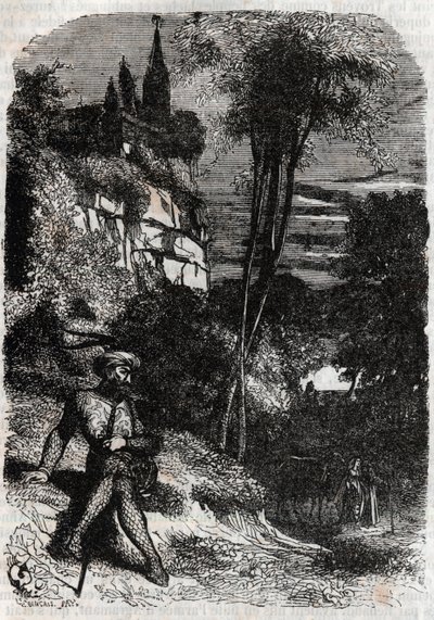 Rodomont, Isabella og den gamle eremitten - 1851 gravering fra "" Furious Roland"" (Orlando furioso) (1500-tallet) av Ludovico Ariosto, kjent som Ariosto - Edition oversatt fra italiensk av greven av Tressan og utgitt av Gustave Harvard 1851 av Unknown artist